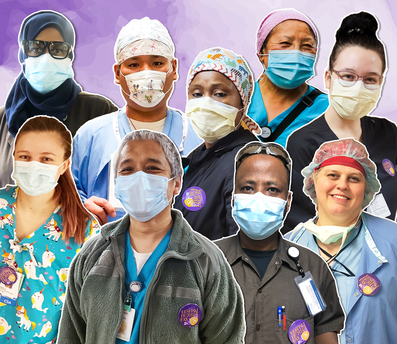 Health care workers of varying ethnicities, all wearing SEIU badges.